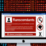 **Understanding Cybersecurity Fundamentals**: 
   "An illustration depicting various types of cyber threats such as malware, ransomware, and phishing. Include elements like a computer screen with warning signs, a digital lock symbolizing security, and a background of binary code to represent the importance of understanding cybersecurity fundamentals."
