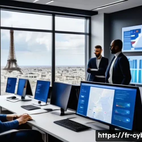 사이버위협 대응 전문가 연봉 협상 팁 - A modern French cybersecurity office scene featuring a diverse team of professionals collaborating a...