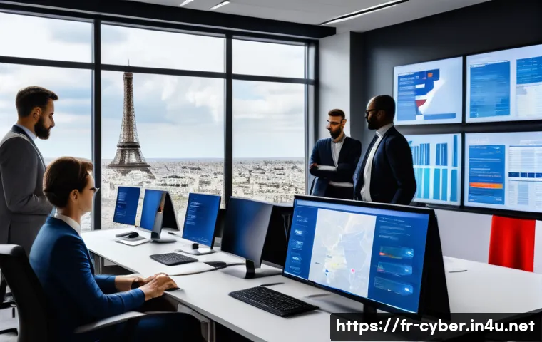 사이버위협 대응 전문가 연봉 협상 팁 - A modern French cybersecurity office scene featuring a diverse team of professionals collaborating a...