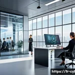 제로 트러스트 보안 모델 이해 - A futuristic corporate office environment showcasing the implementation of Zero Trust security, with...