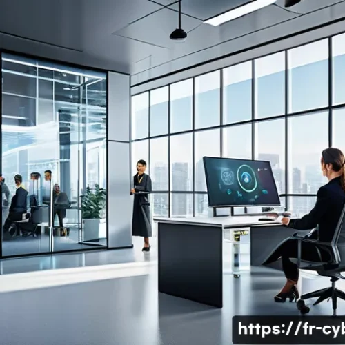 제로 트러스트 보안 모델 이해 - A futuristic corporate office environment showcasing the implementation of Zero Trust security, with...