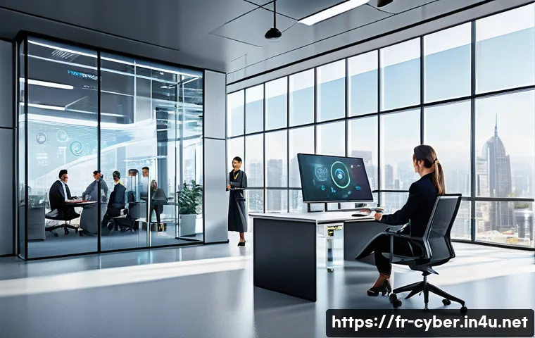 제로 트러스트 보안 모델 이해 - A futuristic corporate office environment showcasing the implementation of Zero Trust security, with...