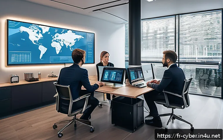 사이버보안 업무에서 윤리적 고려사항 - A modern cybersecurity office scene set in Paris, featuring a diverse team of professionals thoughtf...