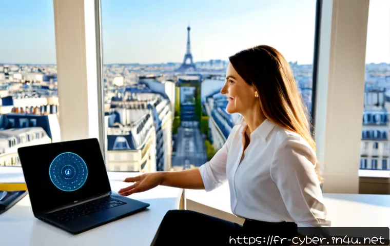 사이버보안 분야 이직 성공 사례 - Photorealistic French cybersecurity professional celebrating a successful career change in a bright ...